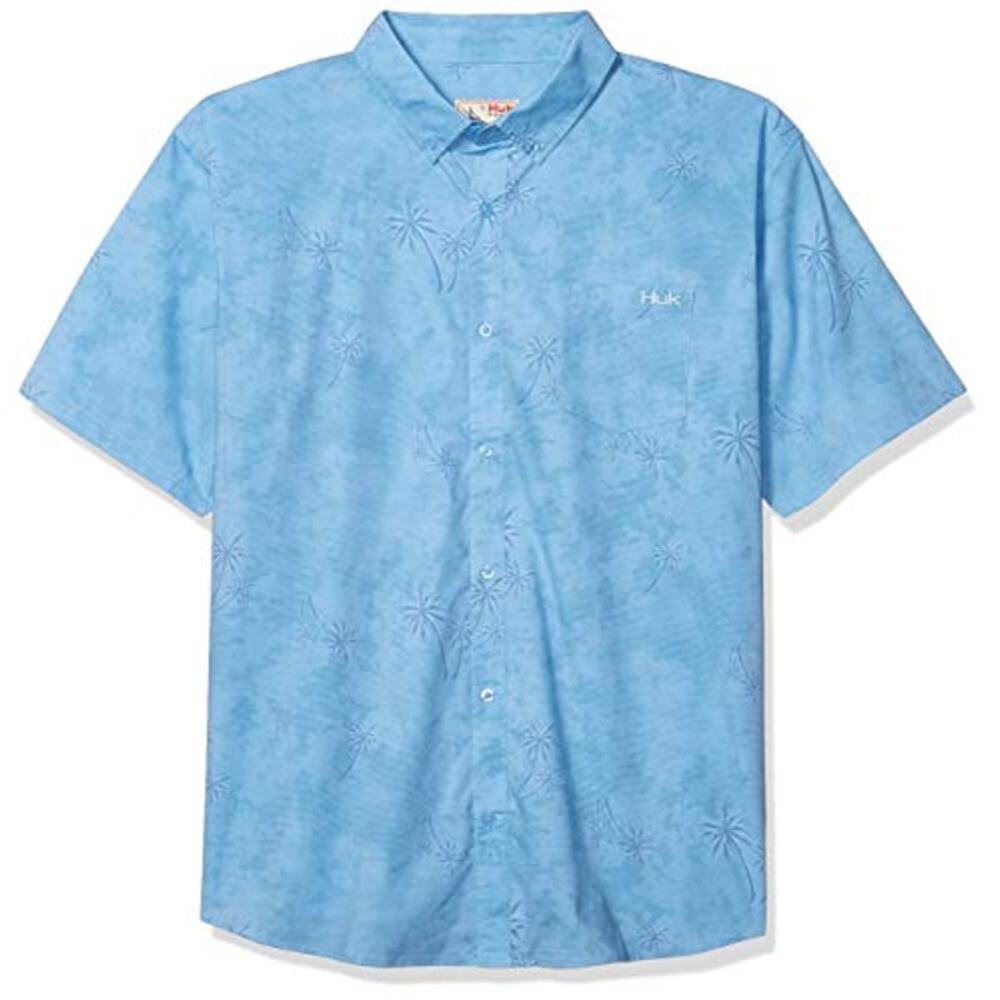 Huk Blue Palm Print Button Down Shirt Mens Small NWT Fishing Beach - Picture 2 of 5